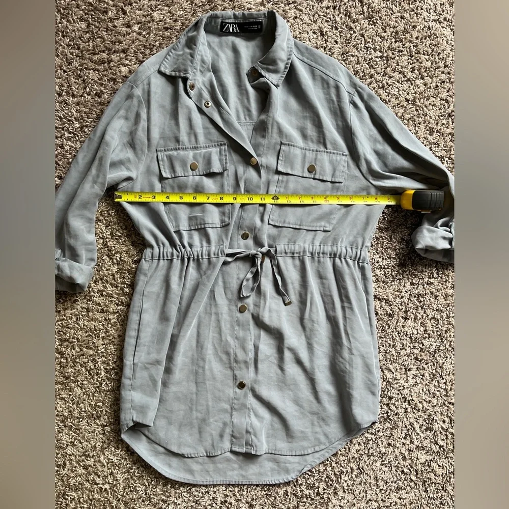 Zara Womens Grey Blue‎ Utility Tunic Shirt Drawstring Waist Snap Front Size M